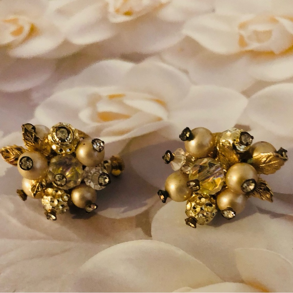 Vintage Vendome Aurora Borealis Crystal Beaded Rhinestone Earrings, Clip-Ons